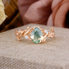 4 Prong Nature Inspired Pear Cut Natural Moss Agate Leaf Gold Engagement Ring