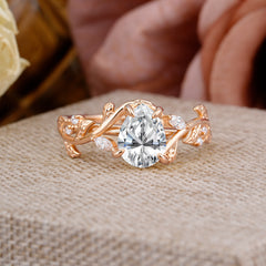 Nature Inspired Pear Cut Lab Diamond Leaf Gold Engagement Ring