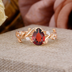 4 Prong Nature Inspired Pear Cut Natural Garnet Leaf Gold Engagement Ring