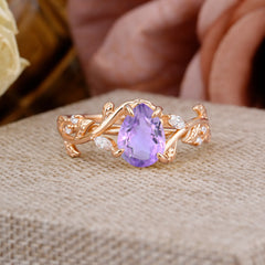 4 Prong Nature Inspired Pear Cut Natural Amethyst Leaf Gold Engagement Ring