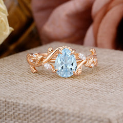 4 Prong Nature Inspired Pear Cut Aquamarine Leaf Gold Engagement Ring