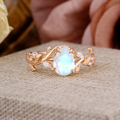 4 Prong Nature Inspired Pear Cut Moonstone Leaf Gold Engagement Ring