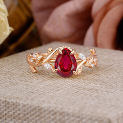 4 Prong Nature Inspired Pear Cut Ruby Leaf Gold Engagement Ring