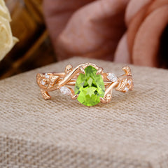 4 Prong Nature Inspired Pear Cut Peridot Leaf Gold Engagement Ring
