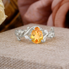 4 Prong Nature Inspired Pear Cut Citrine Leaf Gold Engagement Ring