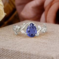 4 Prong Nature Inspired Pear Cut Tanzanite Leaf Gold Engagement Ring