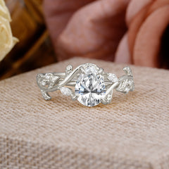 Nature Inspired Pear Cut Lab Diamond Leaf Gold Engagement Ring