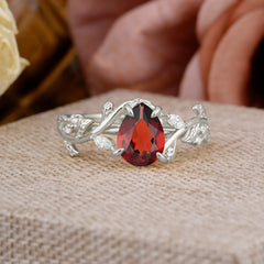 4 Prong Nature Inspired Pear Cut Natural Garnet Leaf Gold Engagement Ring