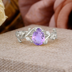 4 Prong Nature Inspired Pear Cut Natural Amethyst Leaf Gold Engagement Ring