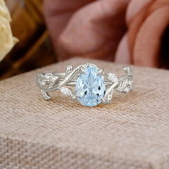 4 Prong Nature Inspired Pear Cut Aquamarine Leaf Gold Engagement Ring