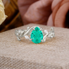 4 Prong Nature Inspired Pear Cut Emerald Leaf Gold Engagement Ring