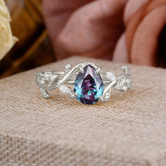 4 Prong Nature Inspired Pear Cut Alexandrite Leaf Gold Engagement Ring