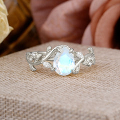 4 Prong Nature Inspired Pear Cut Moonstone Leaf Gold Engagement Ring