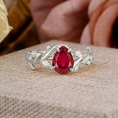 4 Prong Nature Inspired Pear Cut Ruby Leaf Gold Engagement Ring