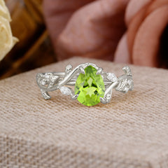 4 Prong Nature Inspired Pear Cut Peridot Leaf Gold Engagement Ring