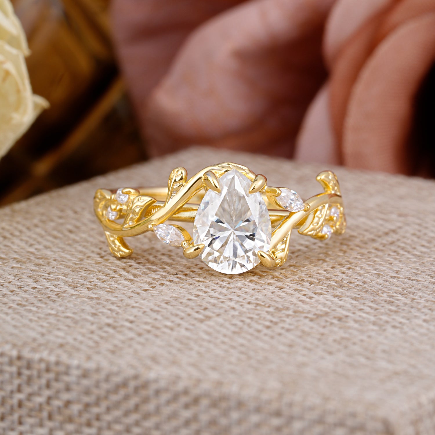 4 Prong Nature Inspired Pear Cut Moissanite Leaf Gold Engagement Ring