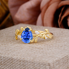 4 Prong Nature Inspired Pear Cut Sapphire Leaf Gold Engagement Ring