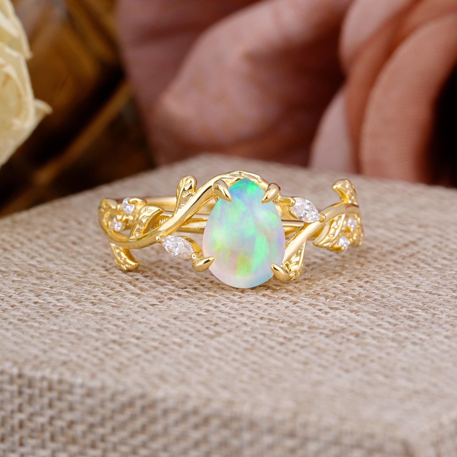 4 Prong Nature Inspired Pear Cut Opal Leaf Gold Engagement Ring