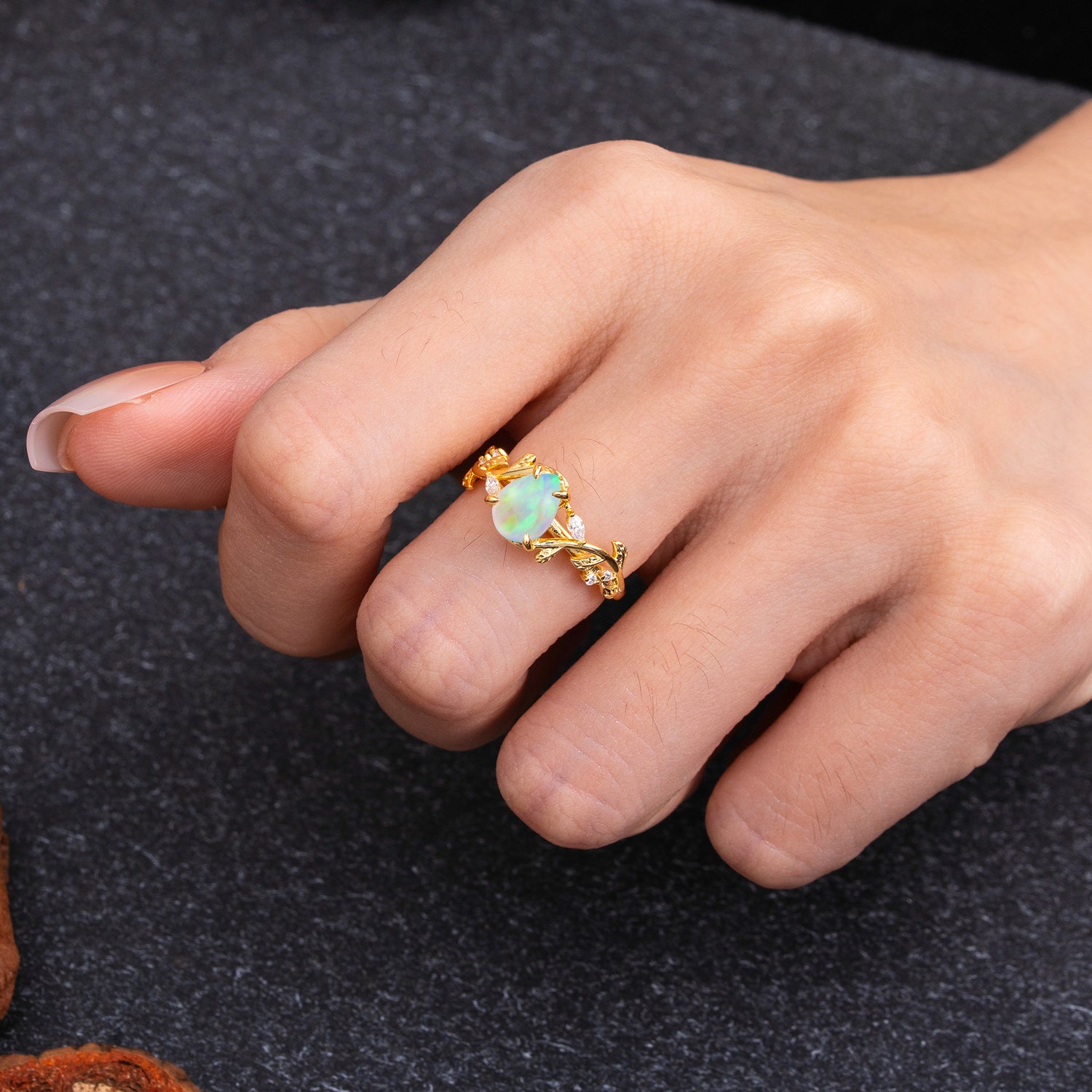 4 Prong Nature Inspired Pear Cut Opal Leaf Gold Engagement Ring
