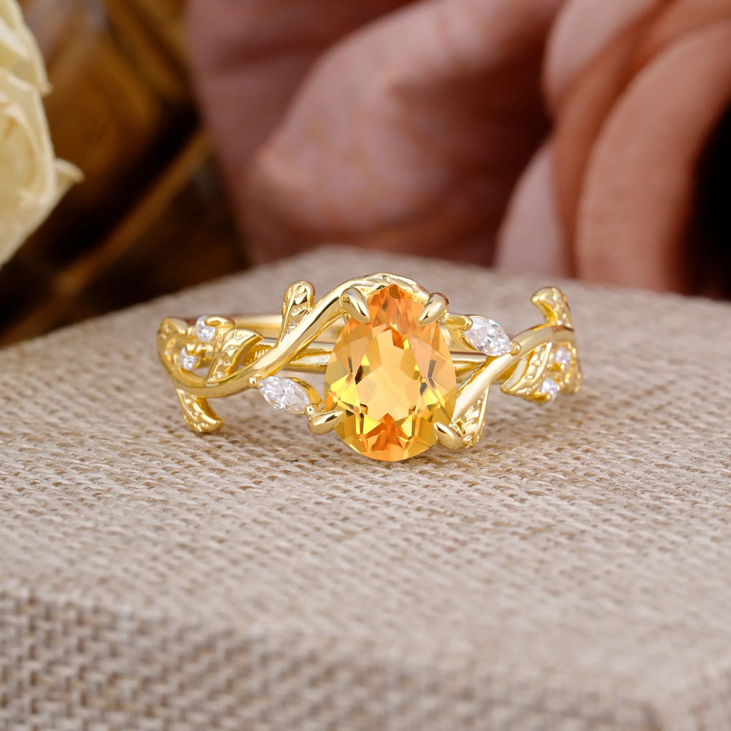 4 Prong Nature Inspired Pear Cut Citrine Leaf Gold Engagement Ring