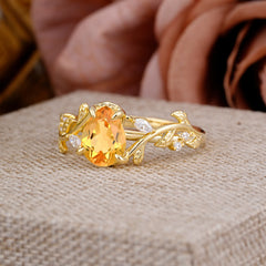 4 Prong Nature Inspired Pear Cut Citrine Leaf Gold Engagement Ring