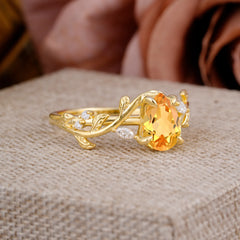 4 Prong Nature Inspired Pear Cut Citrine Leaf Gold Engagement Ring