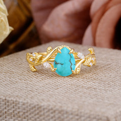 4 Prong Nature Inspired Pear Cut Turquoise Leaf Gold Engagement Ring