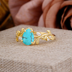4 Prong Nature Inspired Pear Cut Turquoise Leaf Gold Engagement Ring