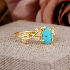 4 Prong Nature Inspired Pear Cut Turquoise Leaf Gold Engagement Ring