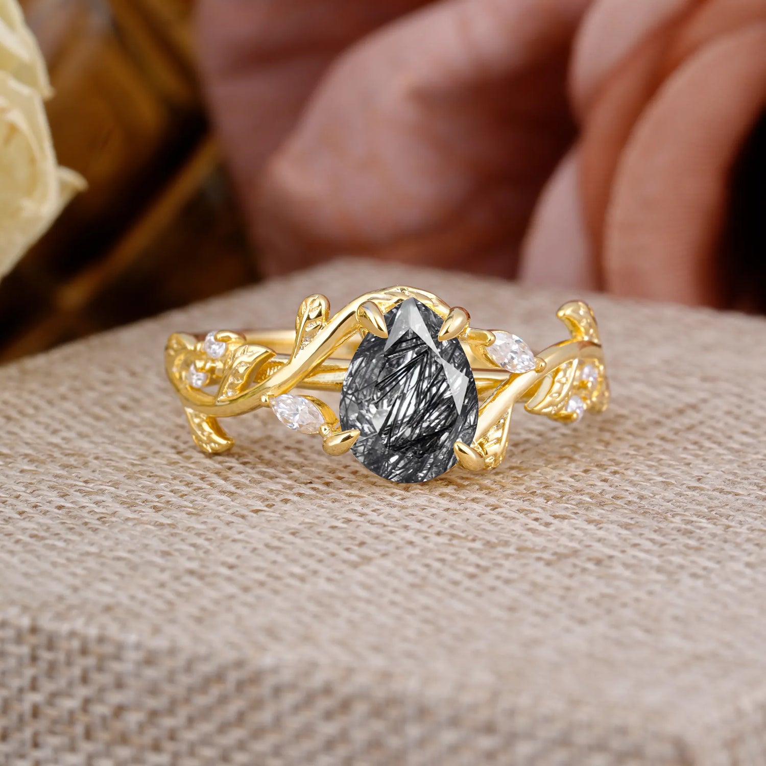 4 Prong Nature Inspired Pear Cut Black Rutilated Quartz Leaf Gold Engagement Ring