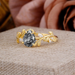 4 Prong Nature Inspired Pear Cut Black Rutilated Quartz Leaf Gold Engagement Ring
