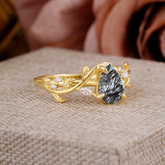 4 Prong Nature Inspired Pear Cut Black Rutilated Quartz Leaf Gold Engagement Ring