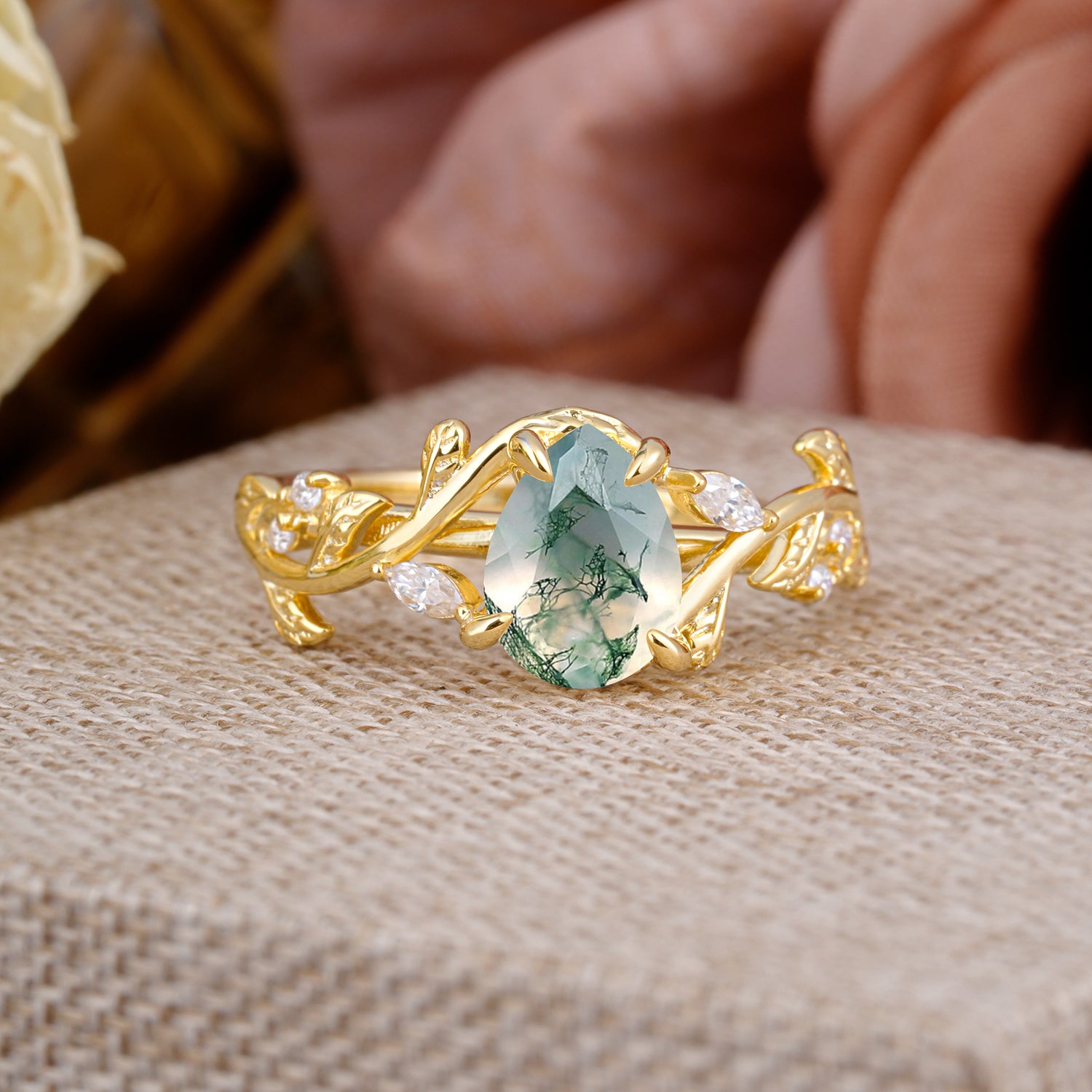 4 Prong Nature Inspired Pear Cut Natural Moss Agate Leaf Gold Engagement Ring