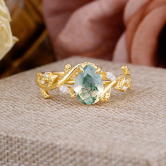 4 Prong Nature Inspired Pear Cut Natural Moss Agate Leaf Gold Engagement Ring