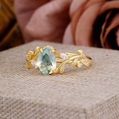4 Prong Nature Inspired Pear Cut Natural Moss Agate Leaf Gold Engagement Ring
