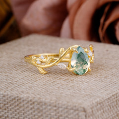 4 Prong Nature Inspired Pear Cut Natural Moss Agate Leaf Gold Engagement Ring