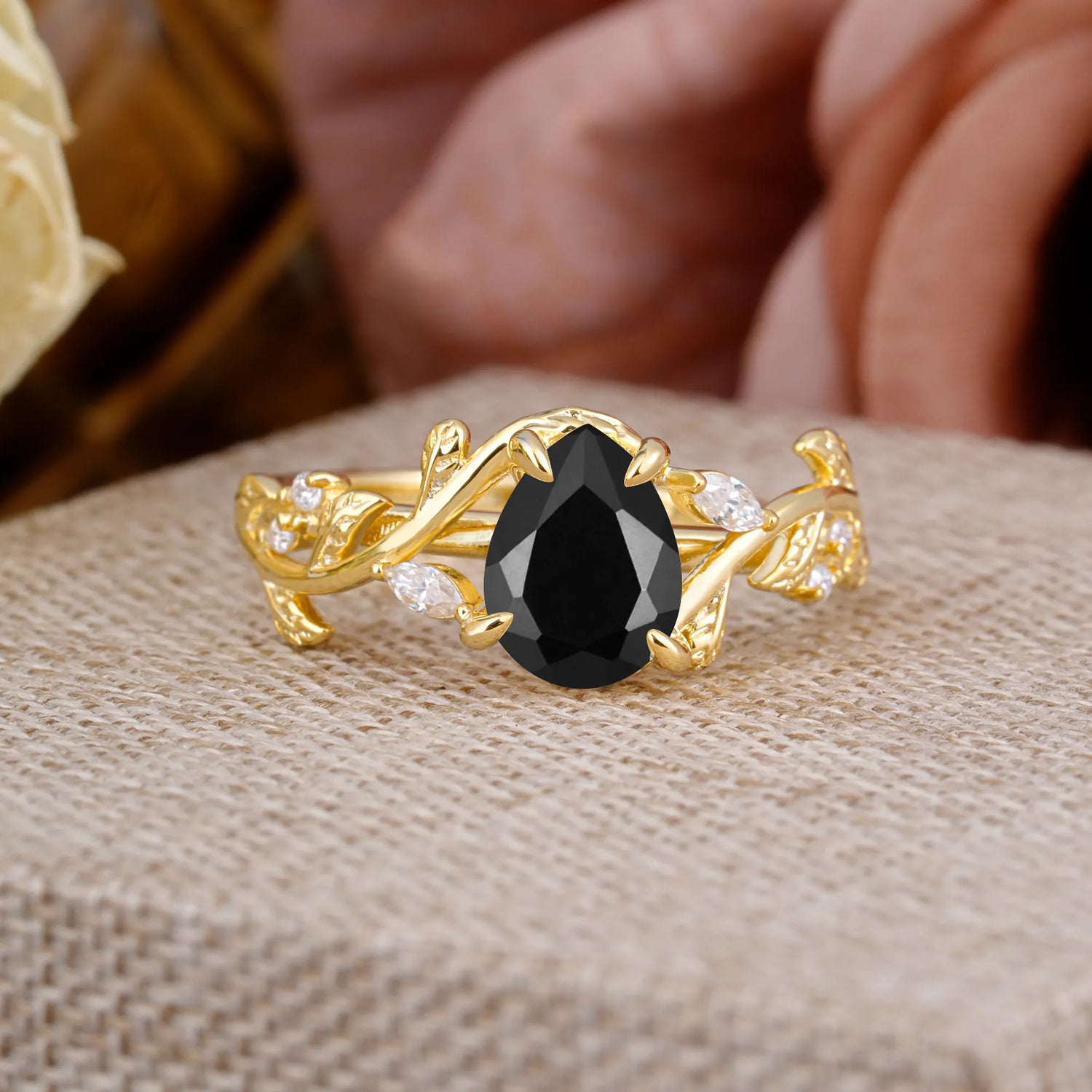 4 Prong Nature Inspired Pear Cut Black Onyx Leaf Gold Engagement Ring