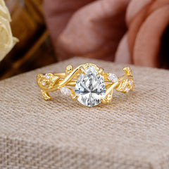 Nature Inspired Pear Cut Lab Diamond Leaf Gold Engagement Ring