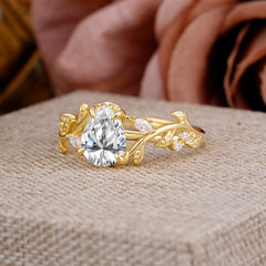 Nature Inspired Pear Cut Lab Diamond Leaf Gold Engagement Ring