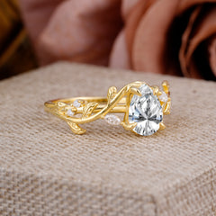 Nature Inspired Pear Cut Lab Diamond Leaf Gold Engagement Ring
