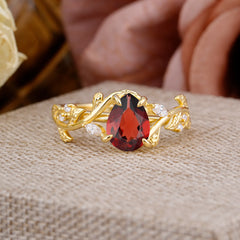 4 Prong Nature Inspired Pear Cut Natural Garnet Leaf Gold Engagement Ring