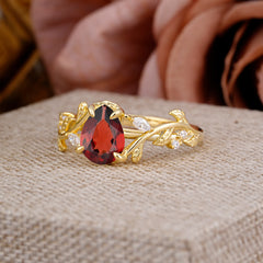 4 Prong Nature Inspired Pear Cut Natural Garnet Leaf Gold Engagement Ring