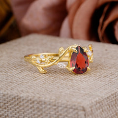 4 Prong Nature Inspired Pear Cut Natural Garnet Leaf Gold Engagement Ring