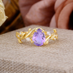 4 Prong Nature Inspired Pear Cut Natural Amethyst Leaf Gold Engagement Ring