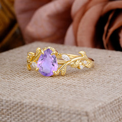 4 Prong Nature Inspired Pear Cut Natural Amethyst Leaf Gold Engagement Ring