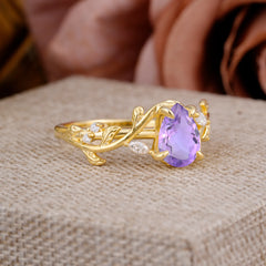 4 Prong Nature Inspired Pear Cut Natural Amethyst Leaf Gold Engagement Ring