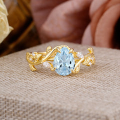 4 Prong Nature Inspired Pear Cut Aquamarine Leaf Gold Engagement Ring