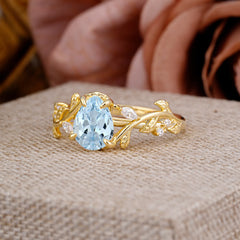 4 Prong Nature Inspired Pear Cut Aquamarine Leaf Gold Engagement Ring