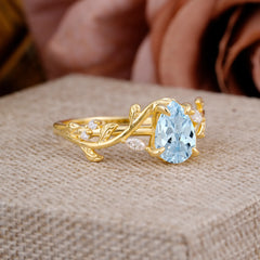 4 Prong Nature Inspired Pear Cut Aquamarine Leaf Gold Engagement Ring