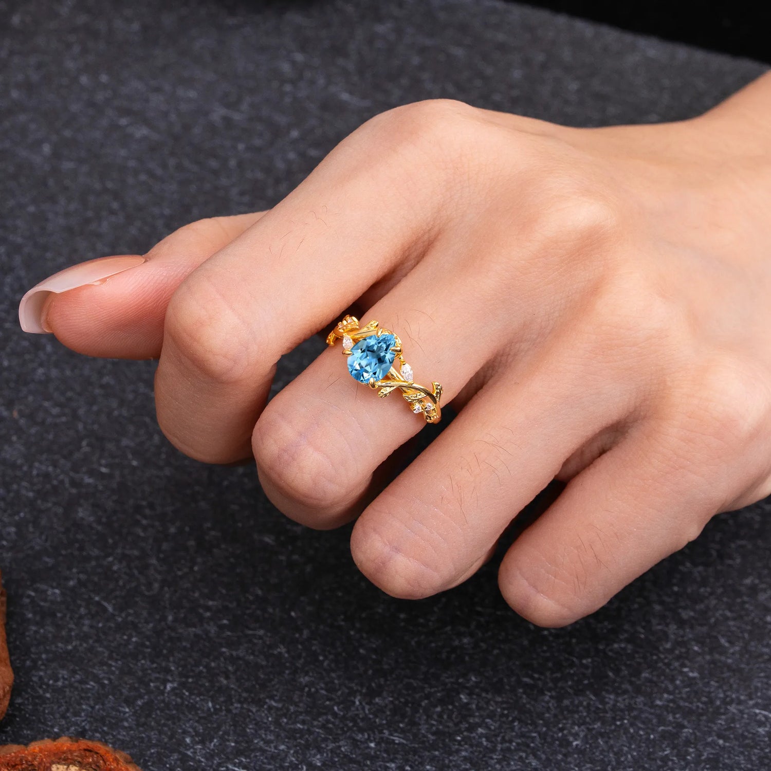 4 Prong Nature Inspired Pear Cut Aquamarine Leaf Gold Engagement Ring